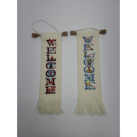 Handmade Cross-stitched Banner Wall Hanging on Dowell Rod Spring & Winter Decor - Picture 1 of 4